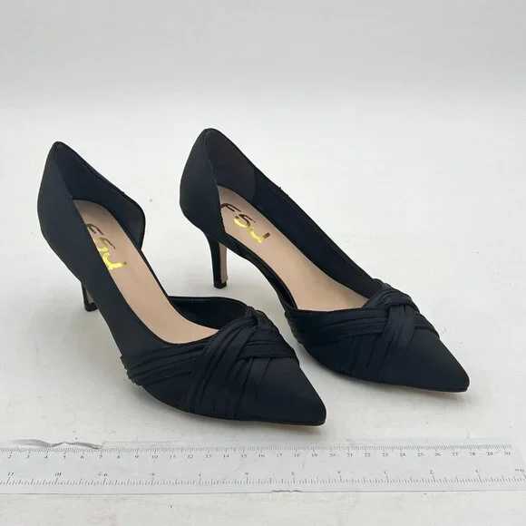 FSJ Black Mid Heels Pointed Toe Slip on Pumps D'Orsay Pleated Satin Shoes - Picture 4 of 8